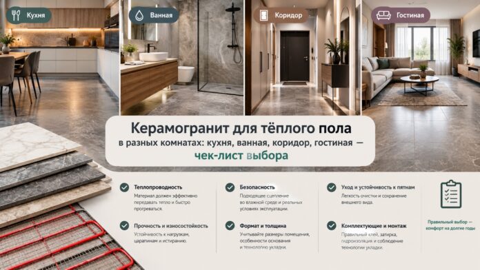 Керамогранит для тёплого пола: чек-лист выбора для кухни, ванной, коридора и гостиной